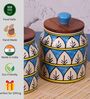 Turquoise White Jodhpuri Hand Painted Ceramic Jar with Wooden Lid Set of 2