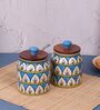 Turquoise White Jodhpuri Hand Painted Ceramic Jar with Wooden Lid Set of 2