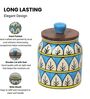 Turquoise White Jodhpuri Hand Painted Ceramic Jar with Wooden Lid Set of 2