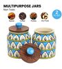 Turquoise White Jodhpuri Hand Painted Ceramic Jar with Wooden Lid Set of 2