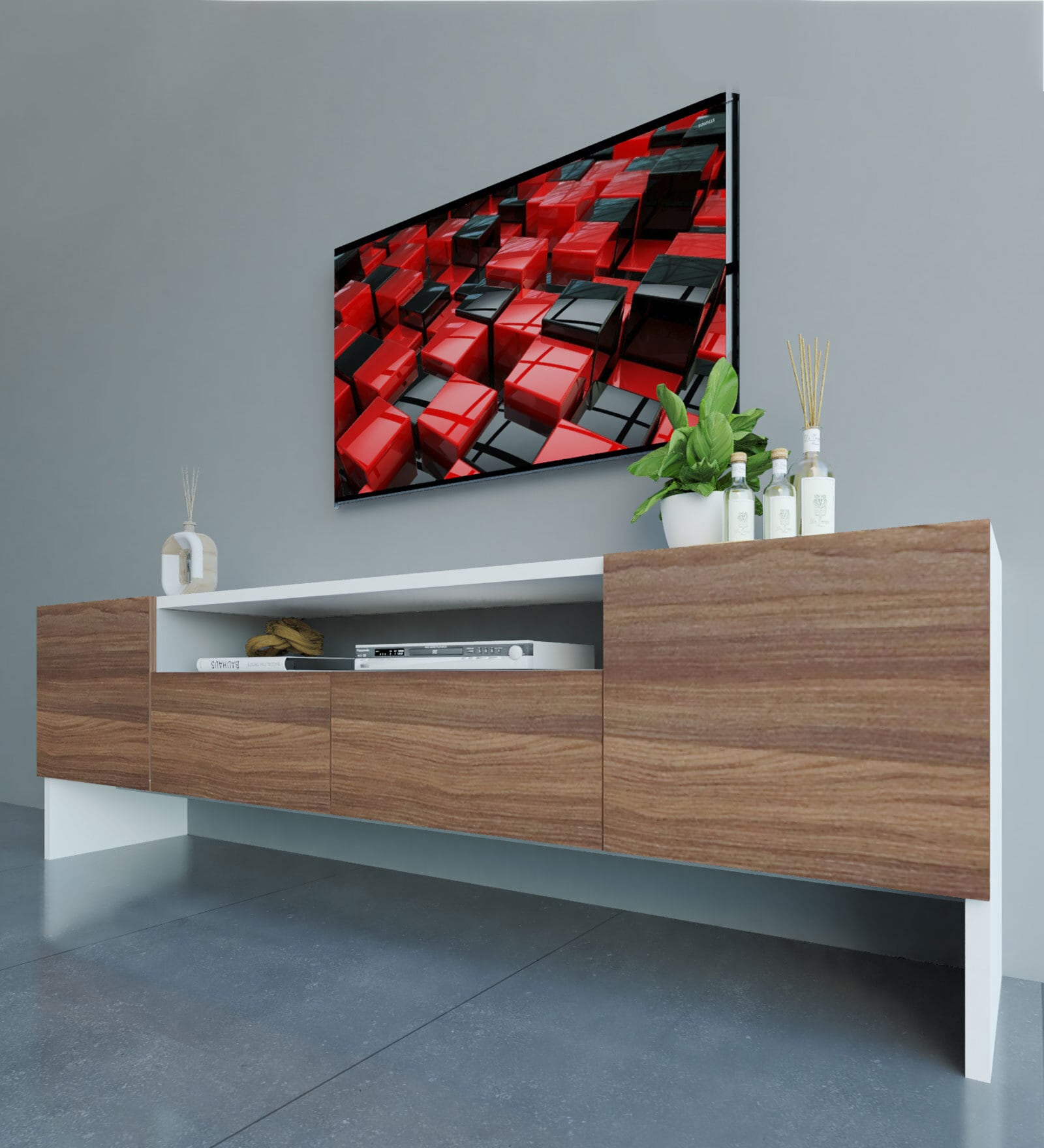 Omega TV Console for TVs in White & Walnut Finish for TVs up to 55" Omega TV Console for TVs in White & Walnut Finish for TVs up to 55"