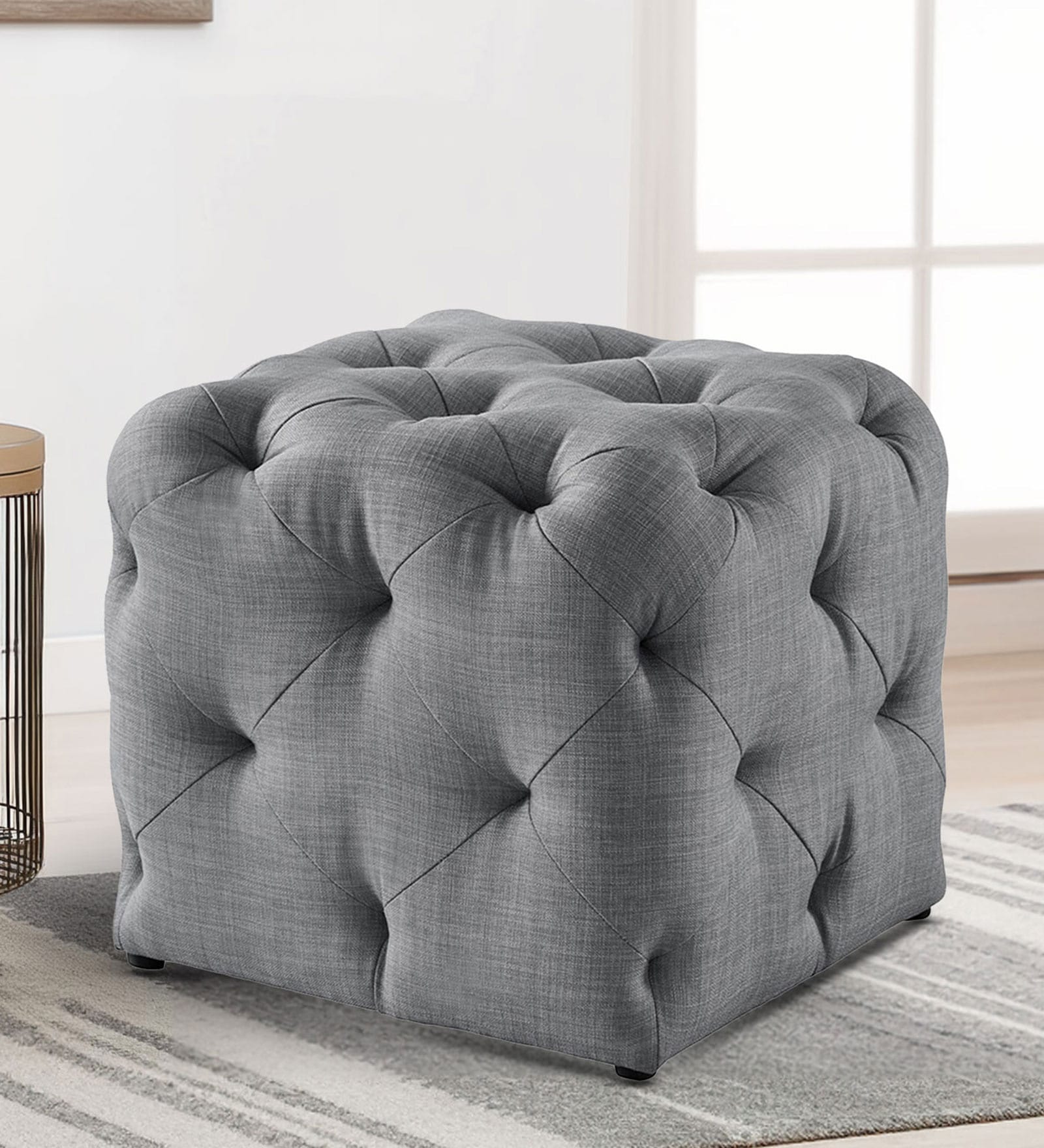 Tweaked Velvet Pouffe In Grey Colour
