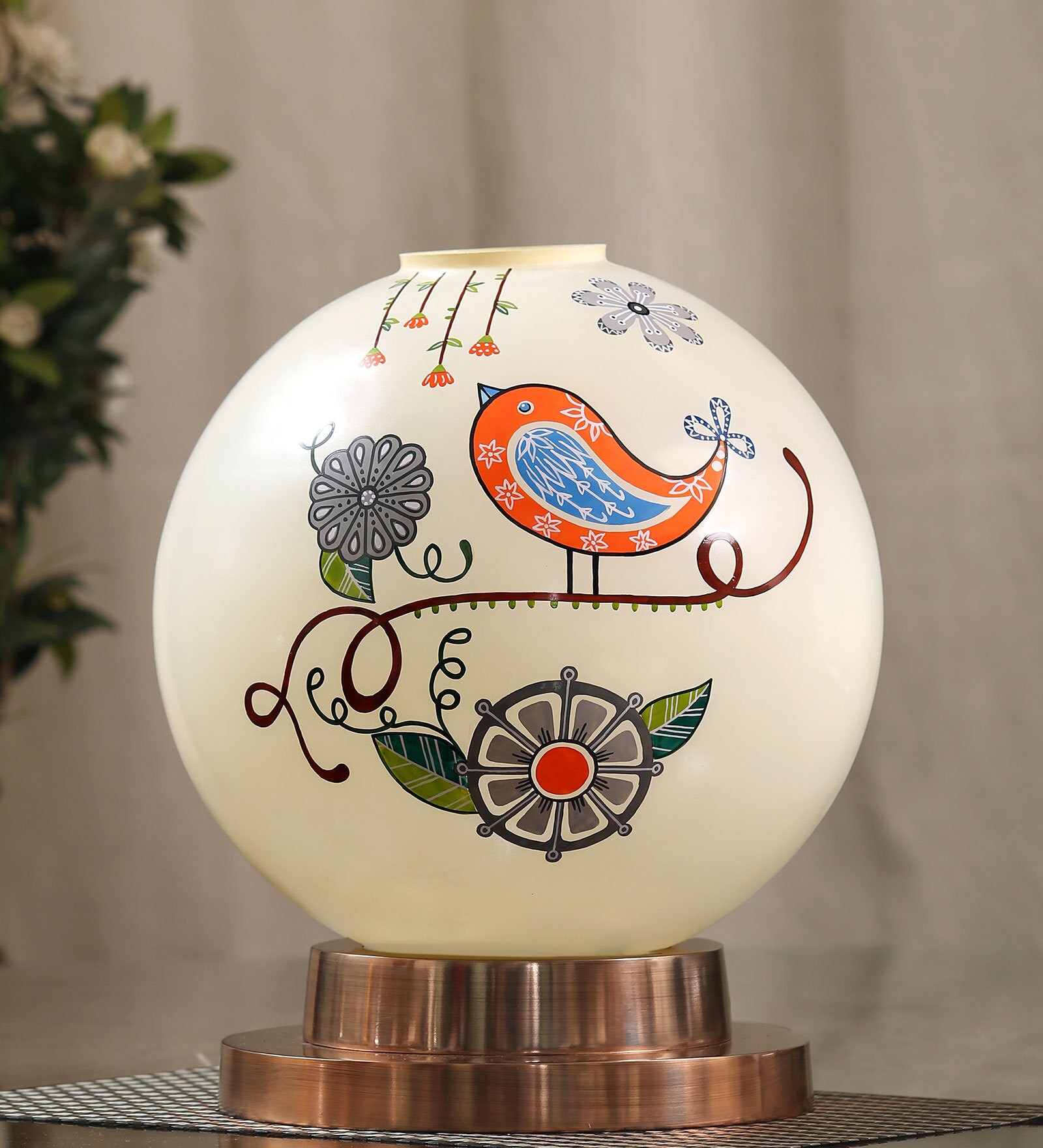 Tweet It Beige Glass Shade Table LED Lamp With Antique Copper Base