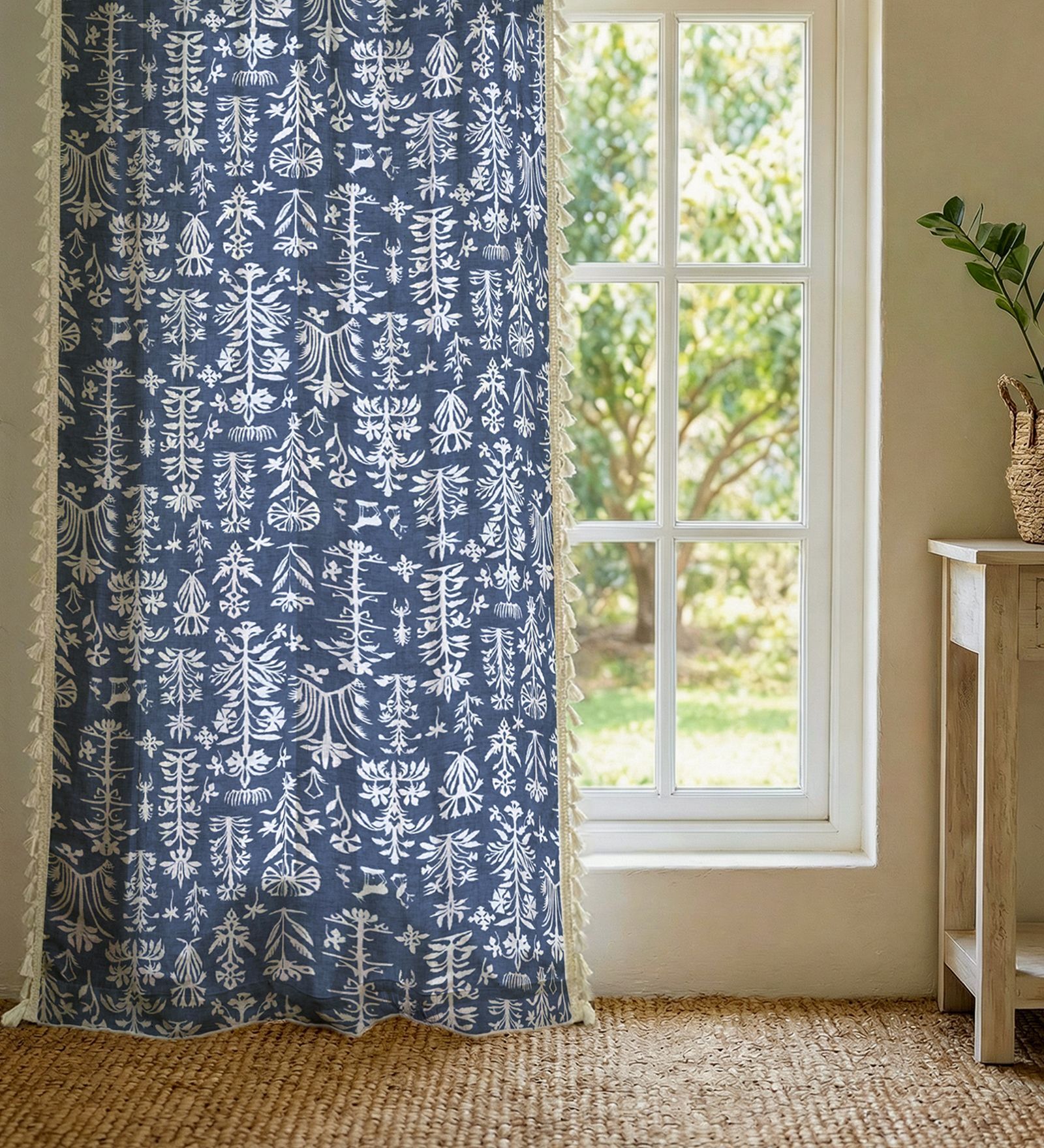 Twigs Indigo Blue Floral Cotton Curtains for Door Pack of 1