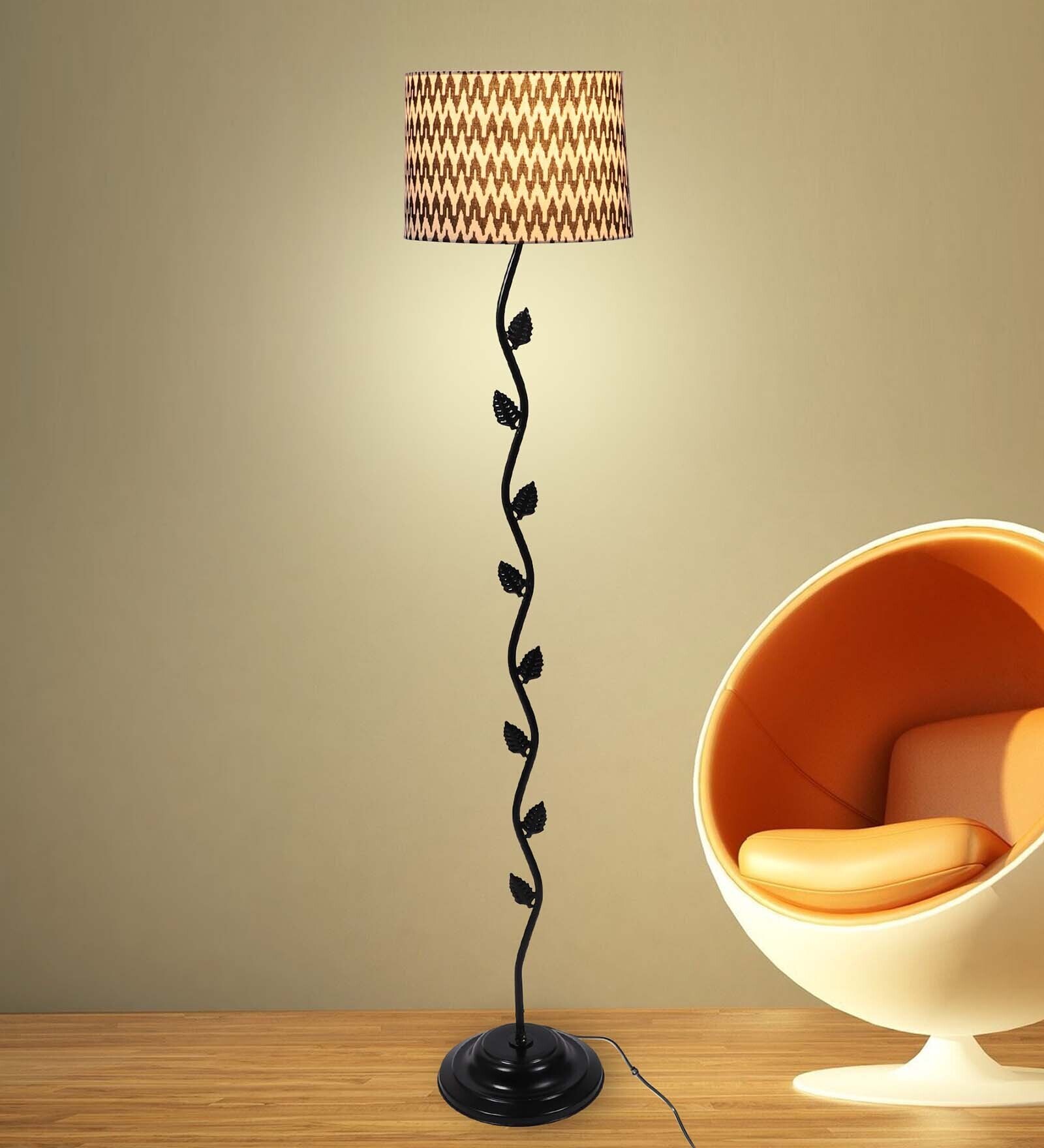 Twisted leaf design Black metal floor lamp with Chevron Print Shade