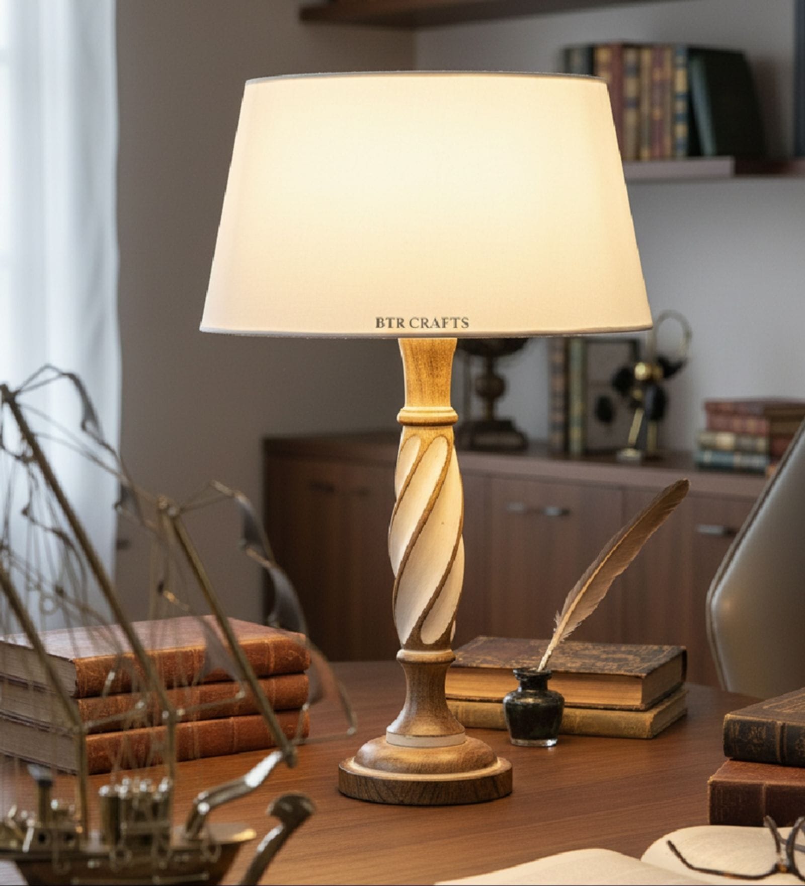 Twisted Wooden Table Lamp  with White Fabric Shade | Modern Farmhouse Bedside Lamp for Living Room, Bedroom & Home D cor