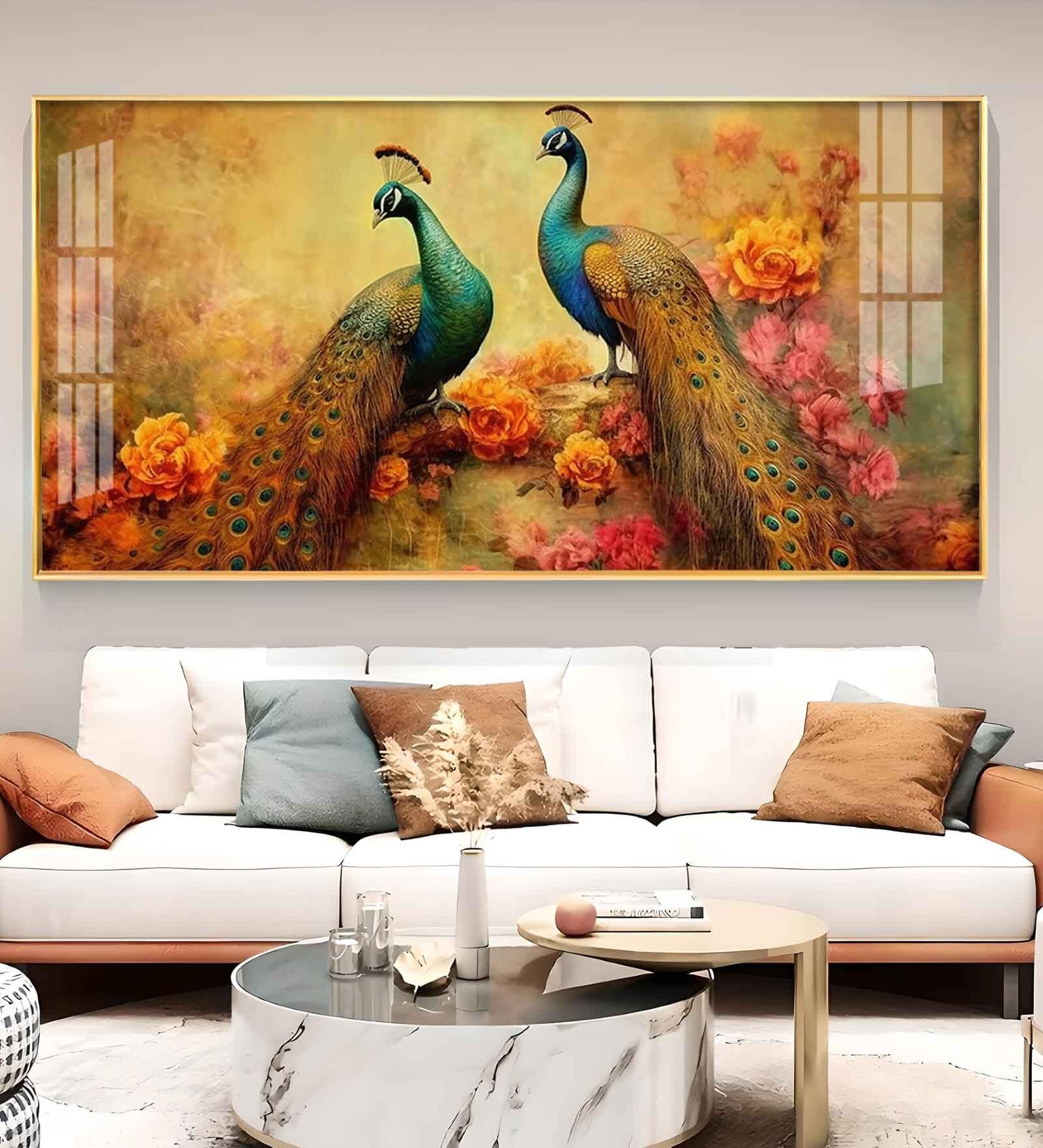 Two Peacock With Flower Background Glass Finish Horizontal Wall Art