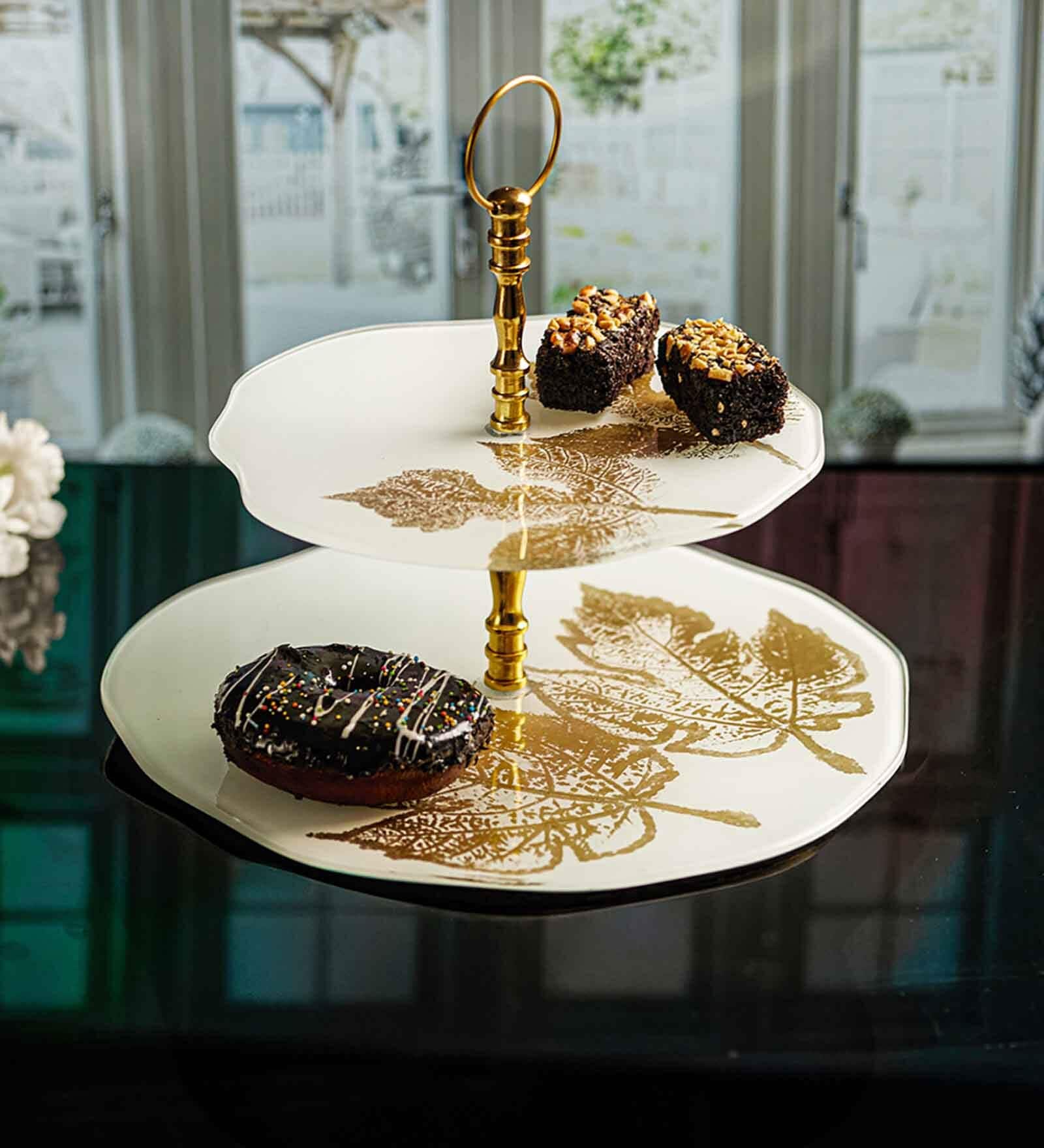 Two Tier White & Gold Cake Stand (1 Piece)