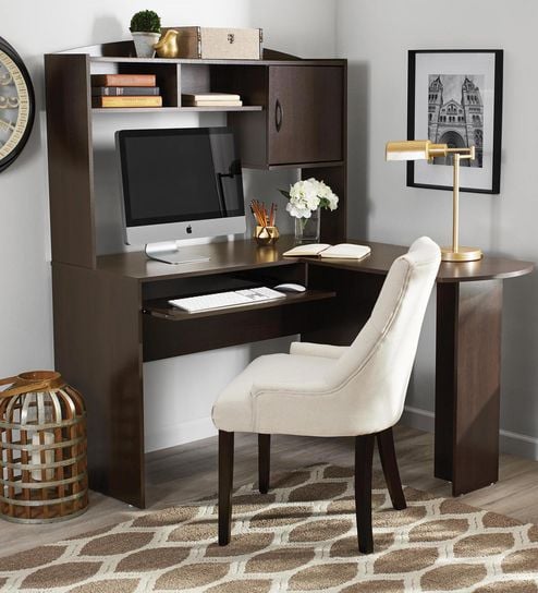 Buy L Shaped Executive Desk With Hutch In Dark Brown Finish By