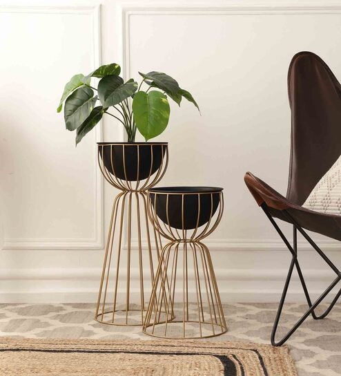 Twin Bloom Set Of 2 Gold Floor Planters