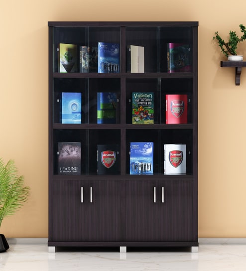 Regal 4 Door Book Case With Sliding Doors In Dark Brown Finish By Royaloak