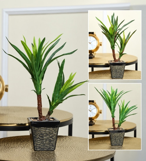 White & Green Fabric Artificial Twin-Stem Grass Bonsai Plant with Pot