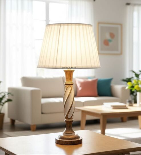 Twisted Wooden Table Lamp  with Pleated White Fabric Shade | Modern Farmhouse Bedside Lamp for Living Room, Bedroom & Home D cor