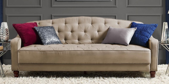 Buy Vintage Tufted Three Seater Sofa Sleeper In Taupe Colour By Twigs Direct Online Camelback 3 Seater Sofas Sofas Furniture Pepperfry Product
