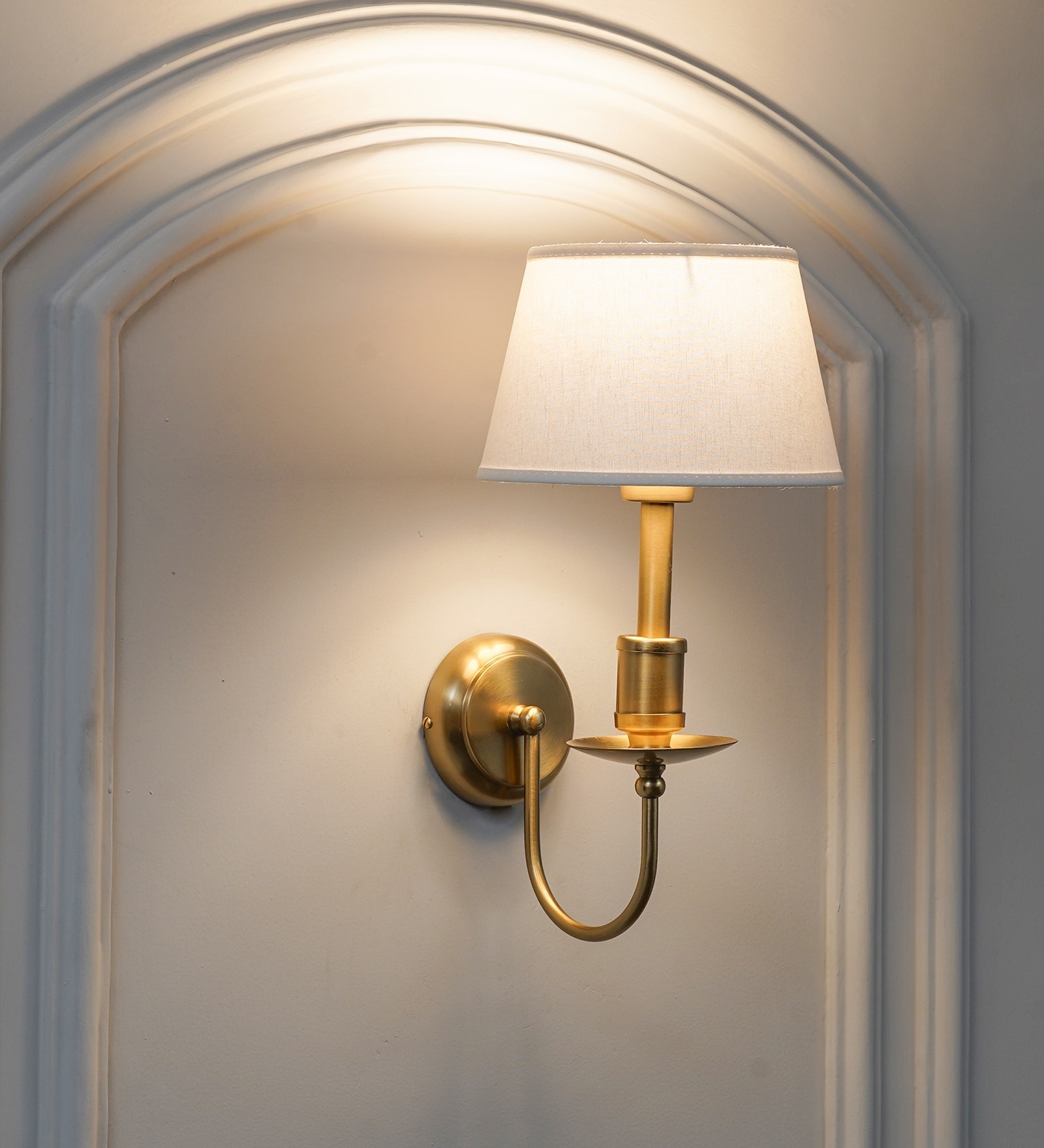 Tyler Brass Finish Metal Wall Light With Off-White Cotton Fabric Shade