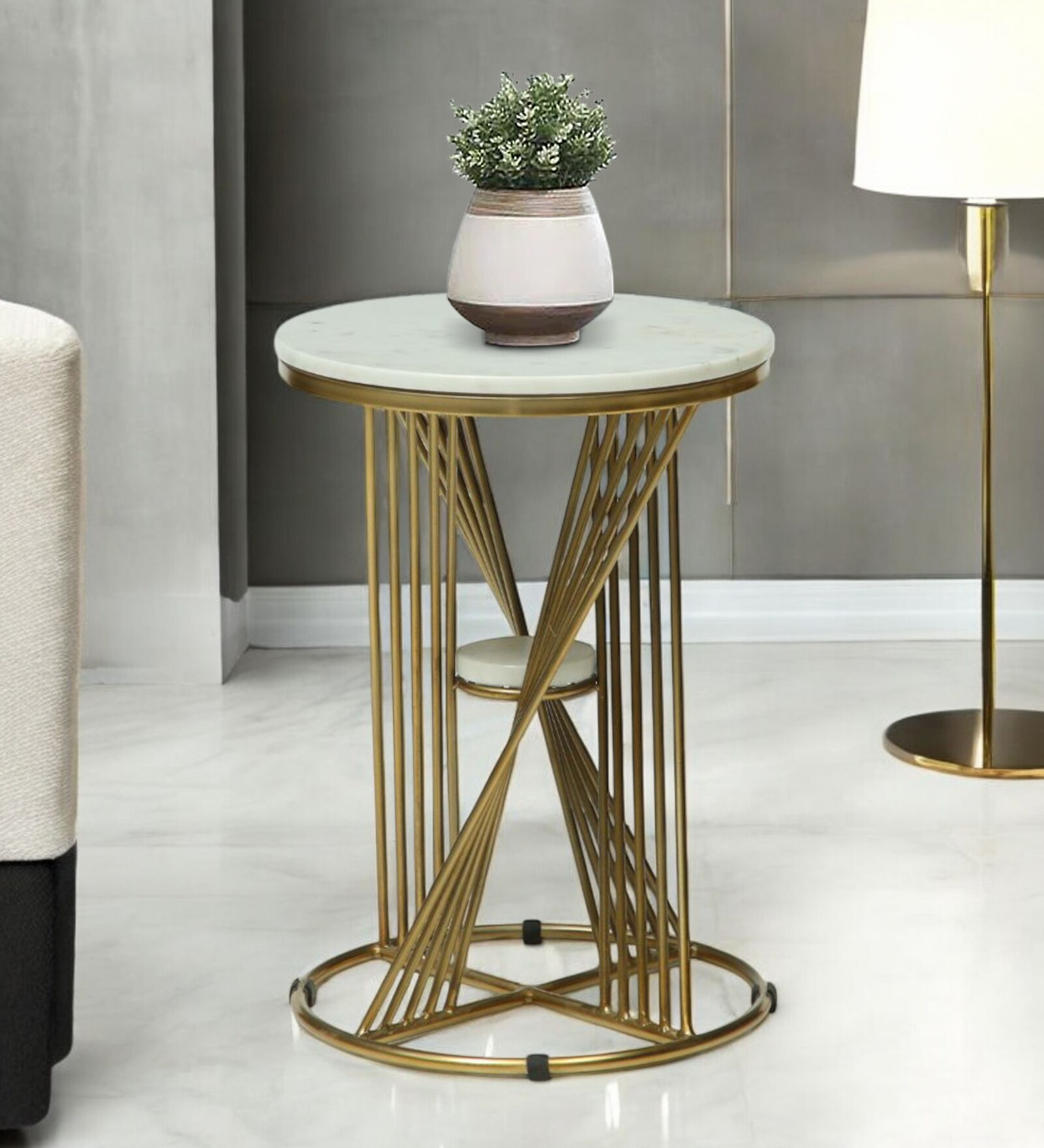 Tyno Metal End Table In White & Golden Finish with Marble Top