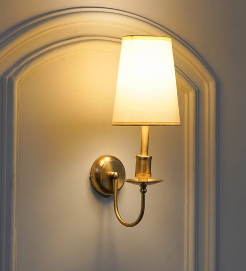 Tyler Brass Finish Metal Wall Light With White Cotton Fabric Shade
