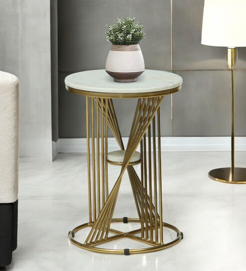 Tyno Metal End Table In White & Golden Finish with Marble Top