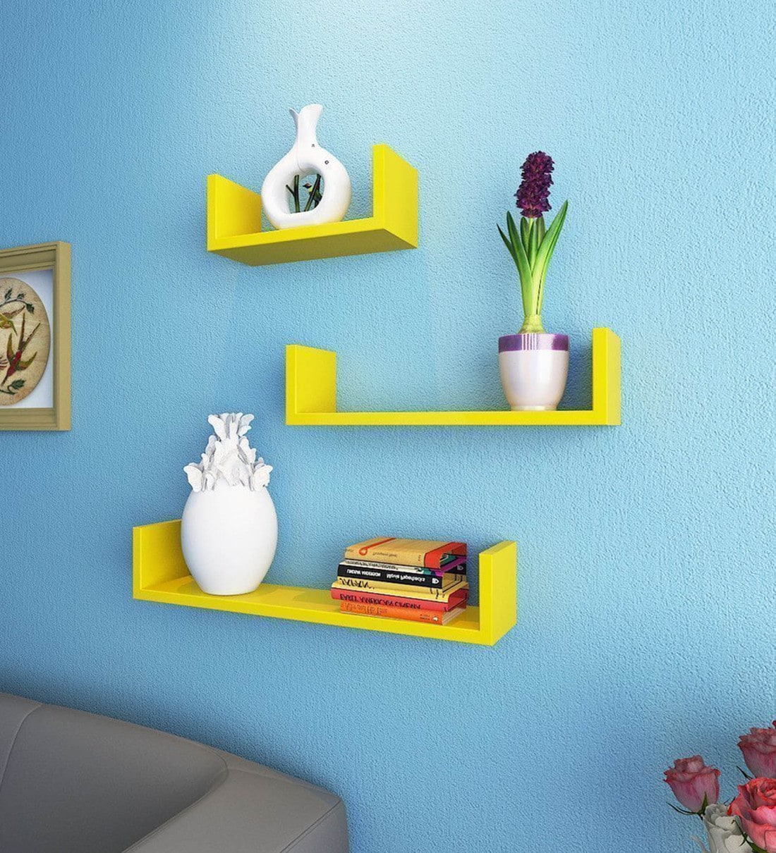 Buy U rack Floating Wall Shelf in Yellow Set of 3 by Wood Decor City