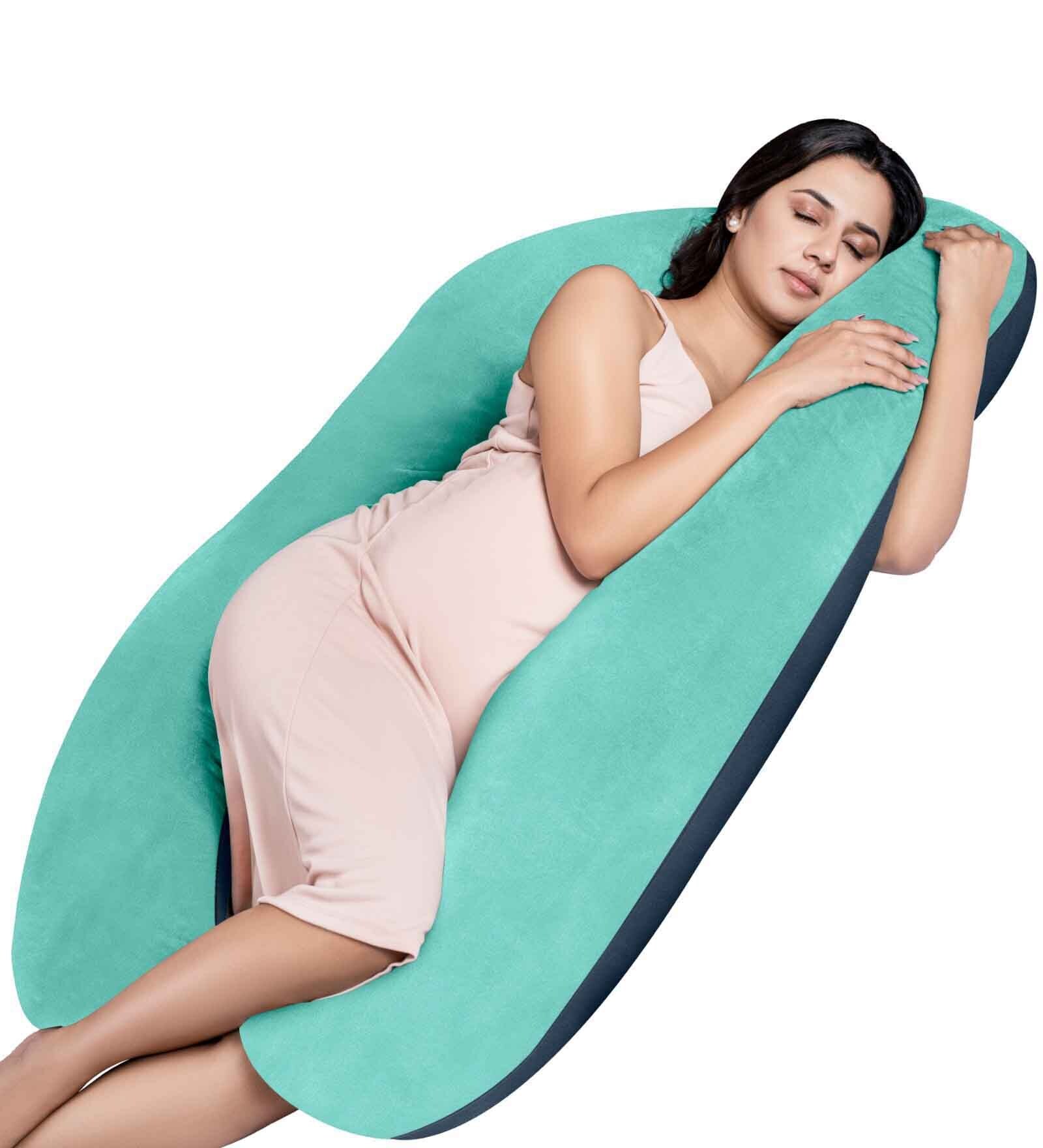U Shaped Velvet 50 x 31 Inch Pregnancy Pillow in Aqua Green & Navy Blue Colour