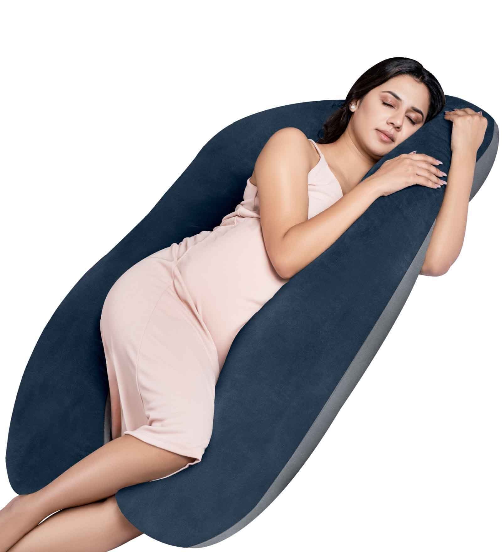 U Shaped Velvet 50 x 31 Inch Pregnancy Pillow in Grey & Navy Blue Colour