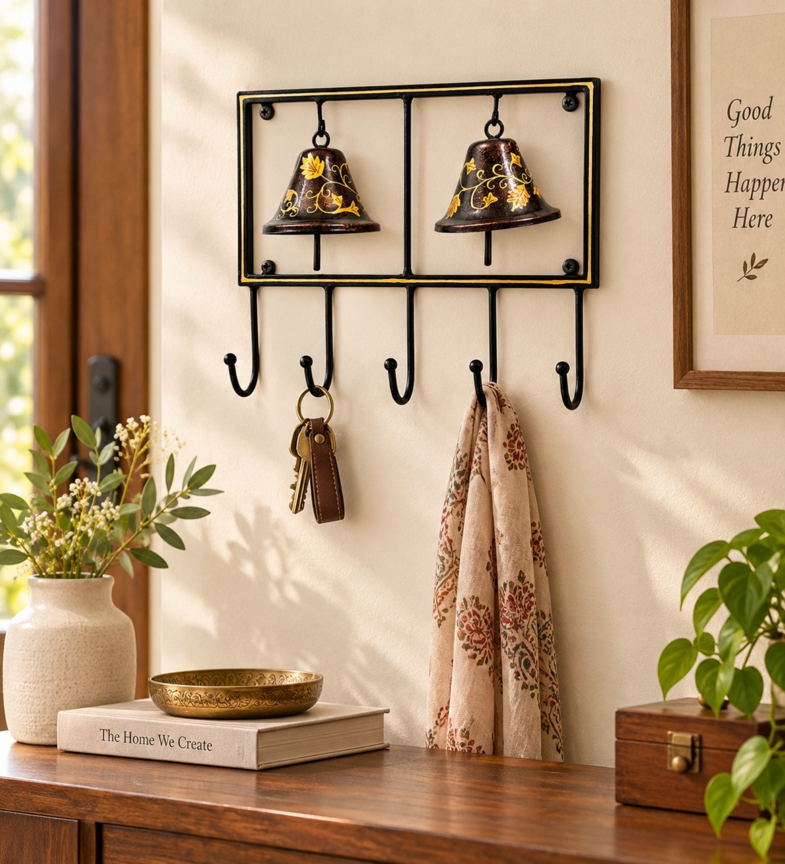 Two Ghanti Grace Metal Hanging Bell Key Holder with Hooks