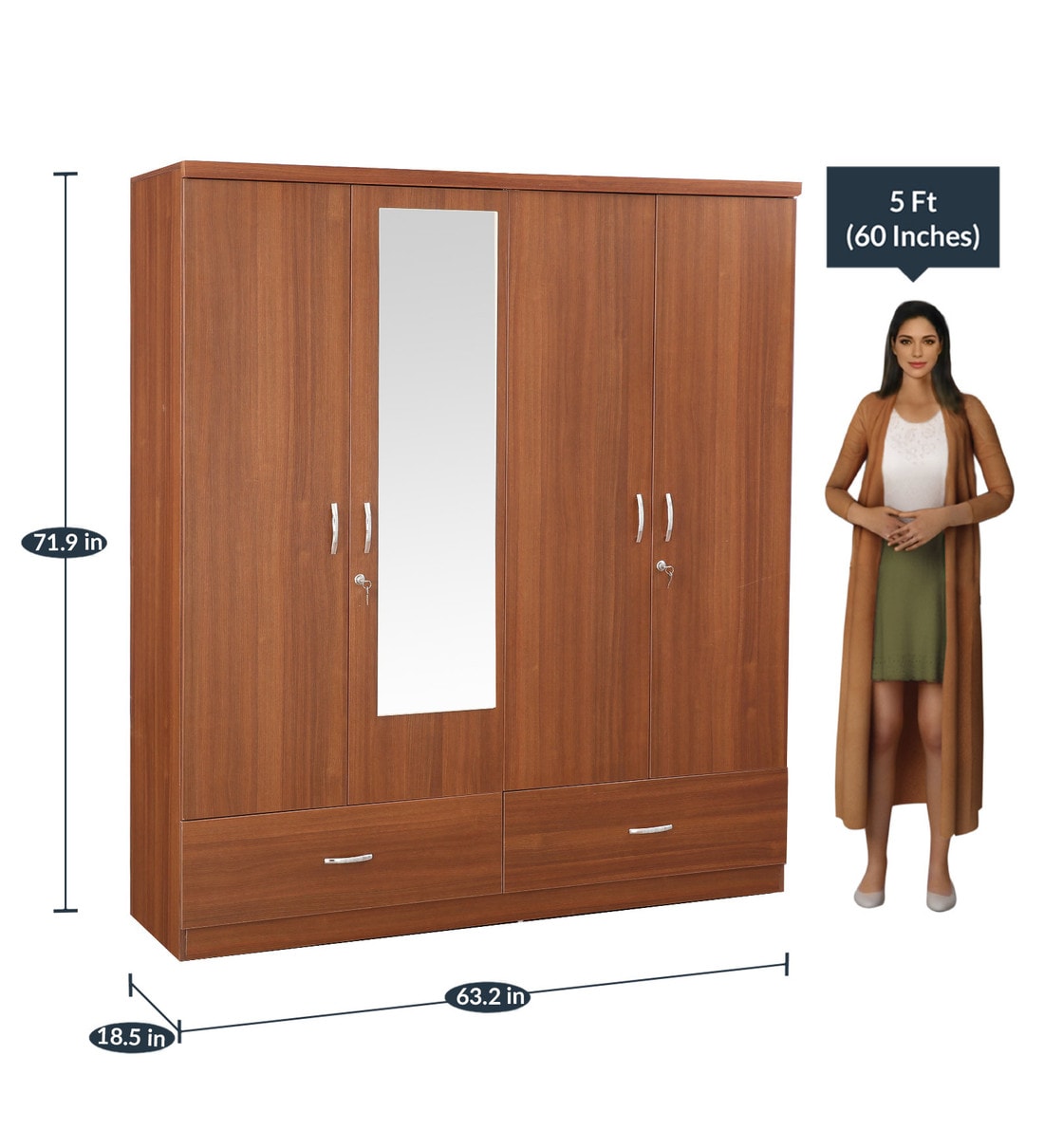 Buy Ultima 4 Door Wardrobe With Drawer & Mirror in walnut Colour by