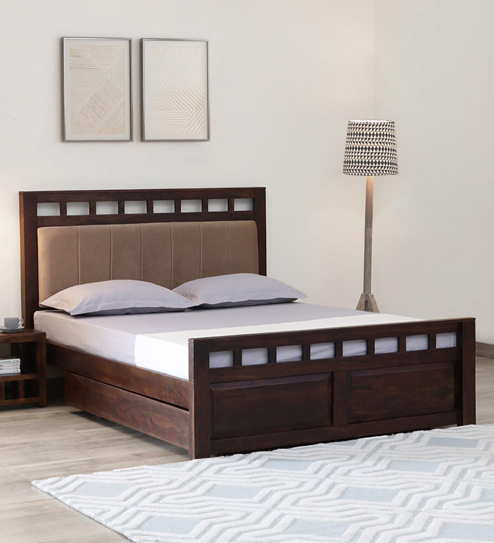 Ulyano Sheesham Wood Queen Size Bed in Scratch Resistant Provincial Teak Finish With Drawer Storage