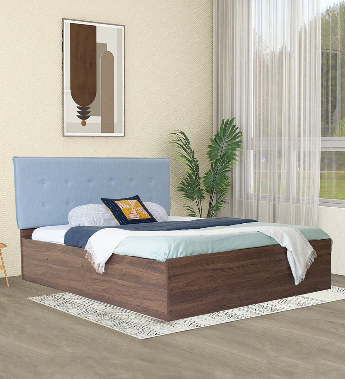 Buy Umeko Queen Size Upholstered Bed in Blue & Walnut Colour With Box