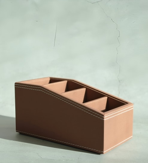 Umber Brown PU Leather Remote Control Holder Desk Organizer