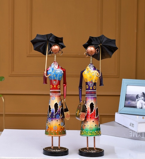Multicolor Metal Umbrella Dolls Musicians Decorative Showpiece Set Of 2