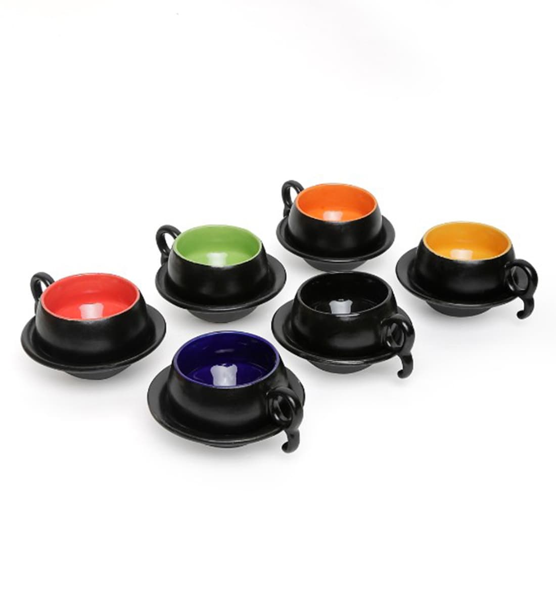 Buy 150 ML Black Stoneware Cups & Saucers Set of 6 by Unravel India