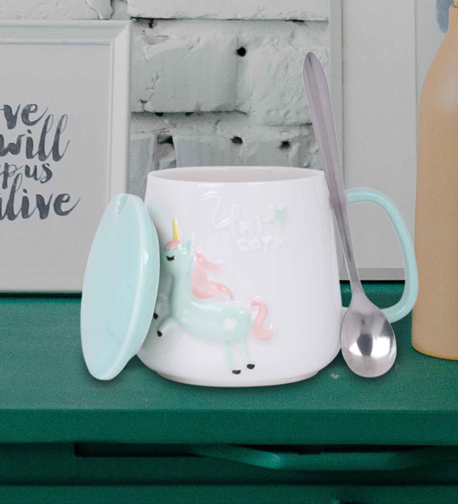 Unicorn Coffee Mug with Lid & Spoon-Green