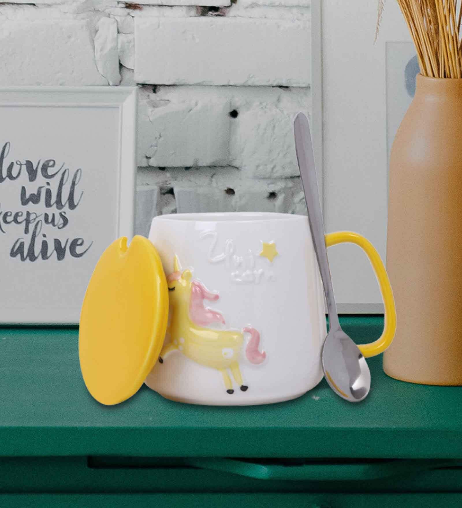 Unicorn Coffee Mug with Lid & Spoon-Yellow