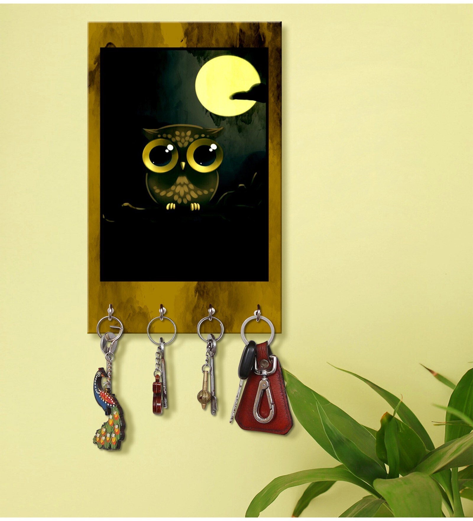 Moon Owl Multicolour MDF 4 Hooks Key Holder