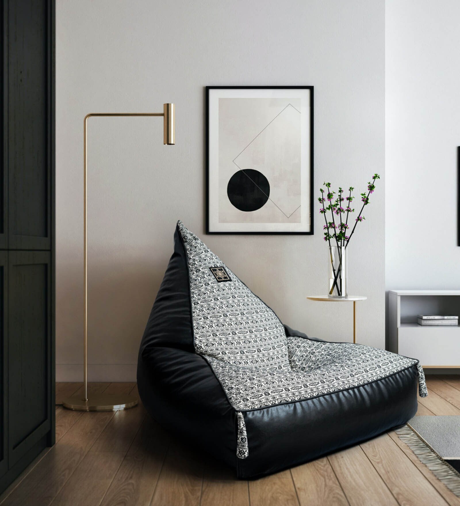 Buy Unique XXXL Fabric & Leather Bean Bag Cover in Ivory & Black Colour