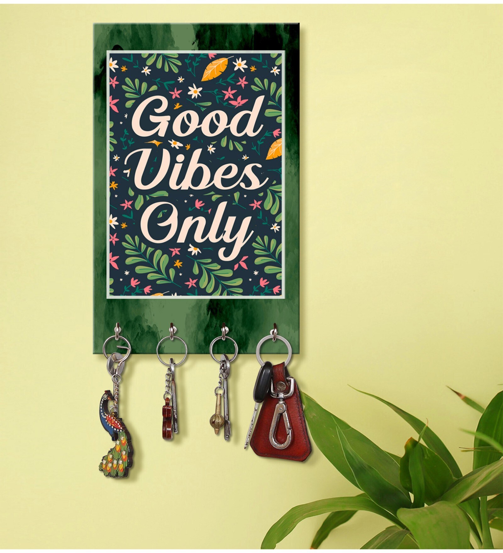 Good Vibes Only Multicolour MDF 4 Hooks Key Holder