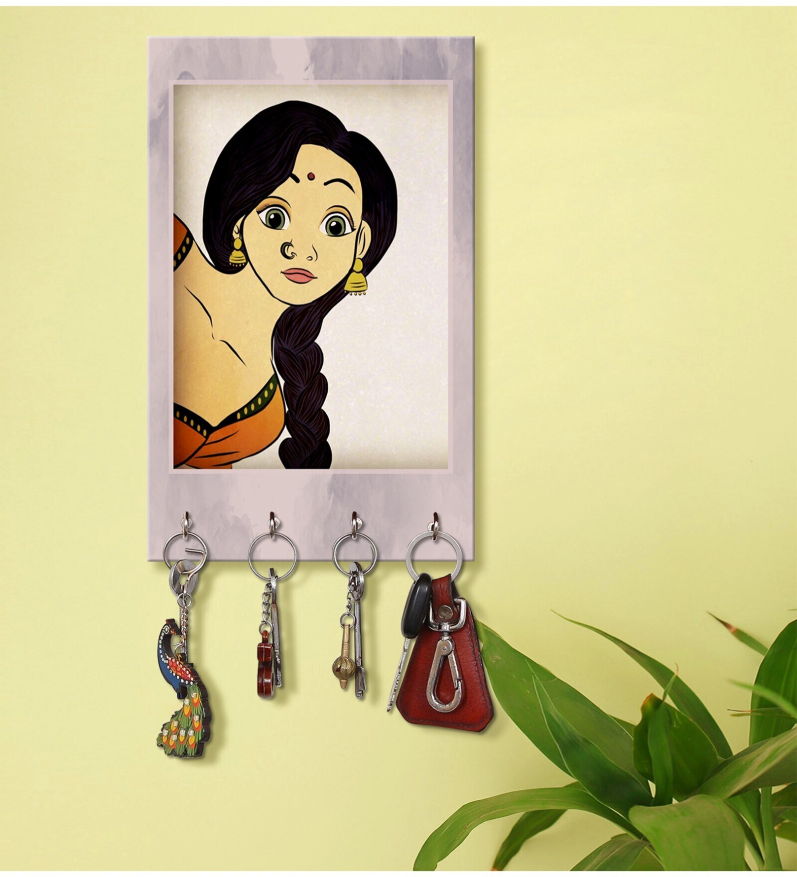 Lady Face Grey MDF 4 Hooks Key Holder
