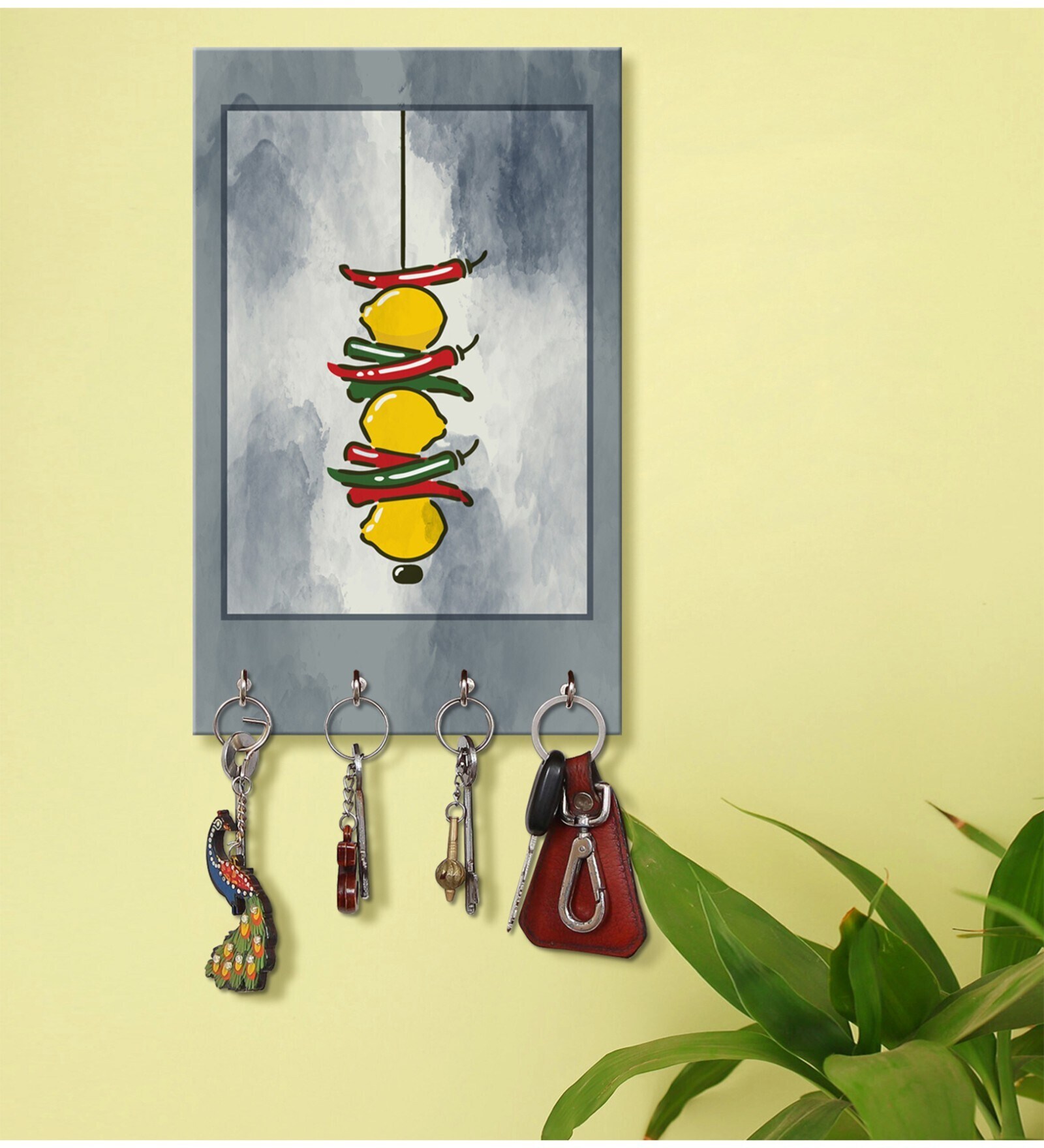 Nimbu & Mirch Grey MDF 4 Hooks Key Holder