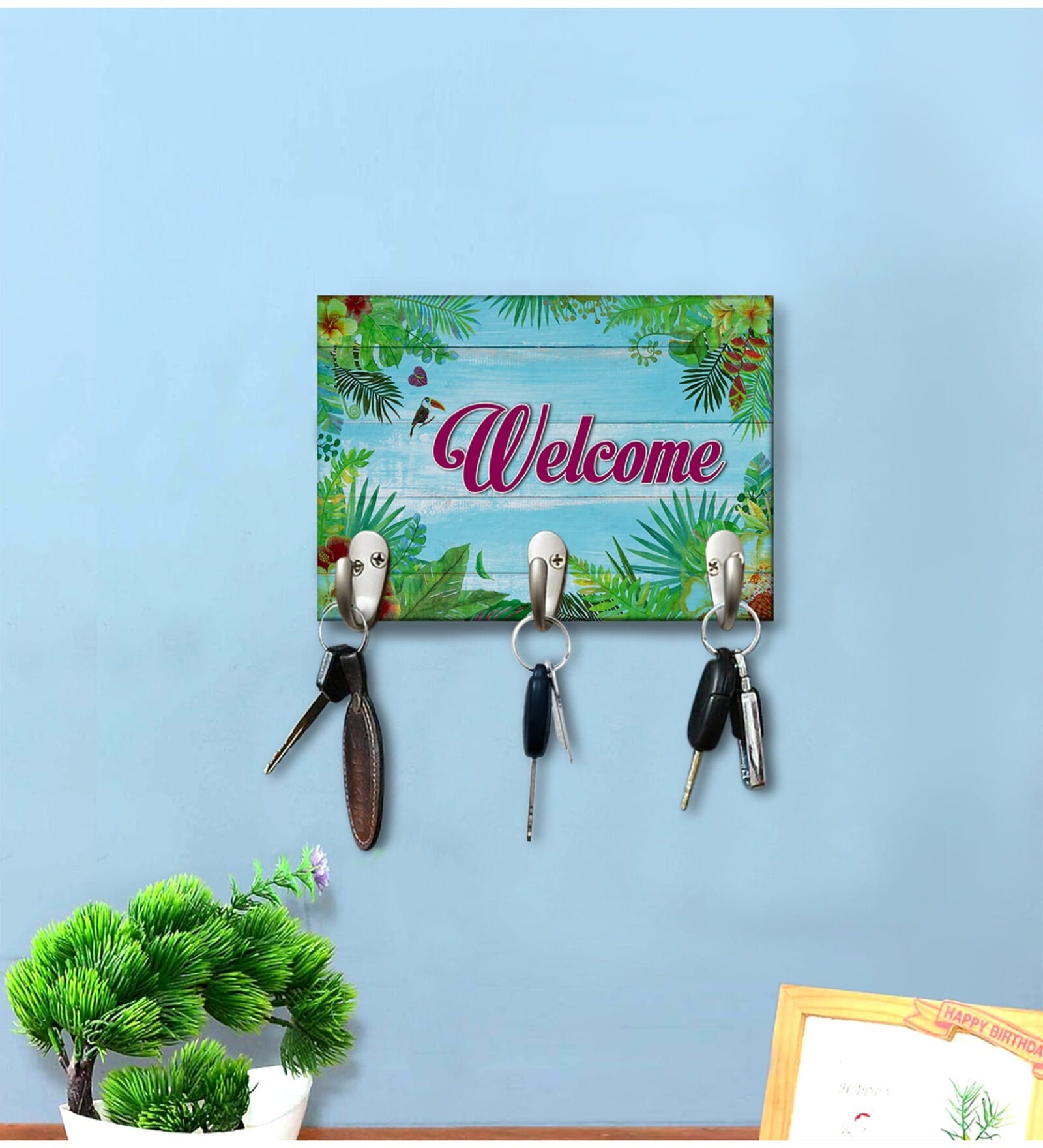 Abstract Multicolour MDF 3 Hooks Key Holder