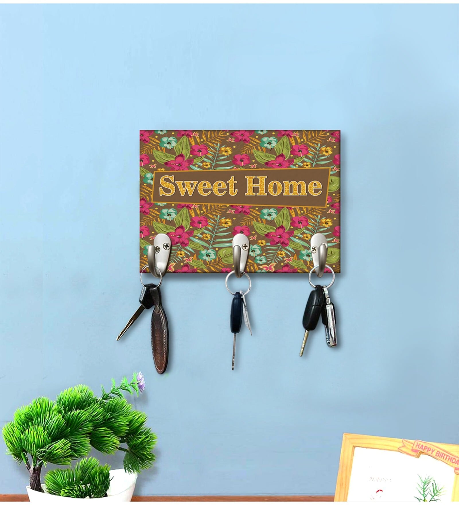 Sweet Home Multicolour MDF 3 Hooks Key Holder