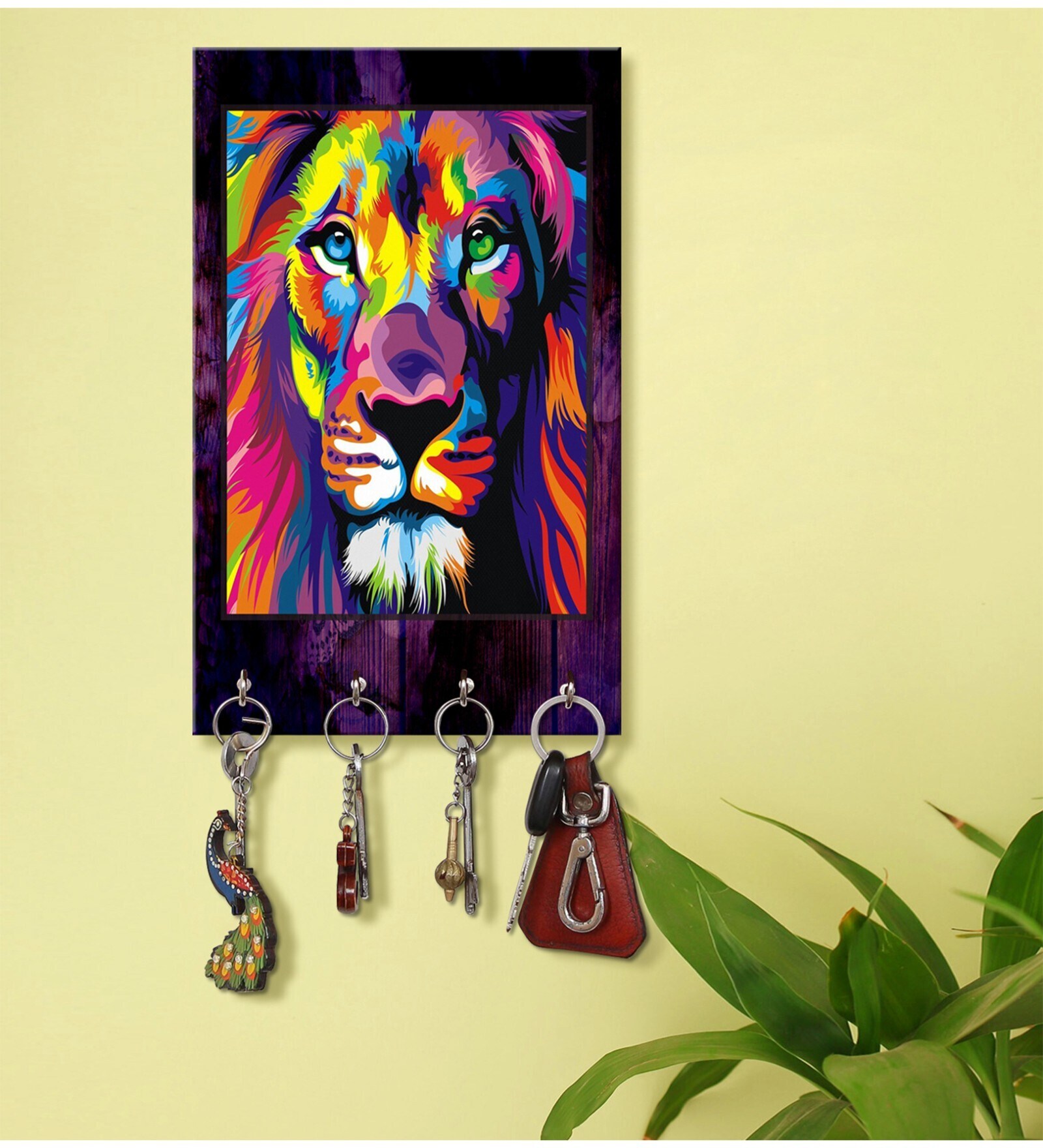 Lion Face Multicolour MDF 4 Hooks Key Holder