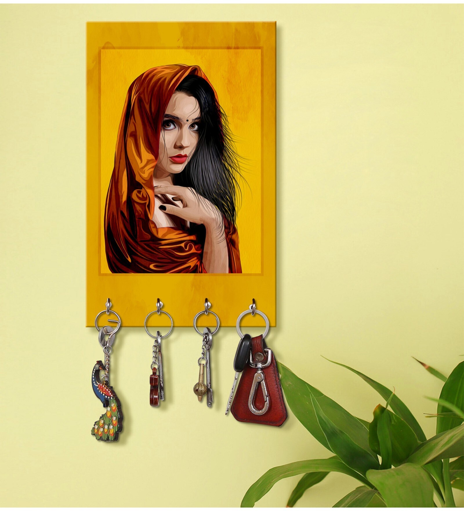 Women Face Multicolour MDF 4 Hooks Key Holder