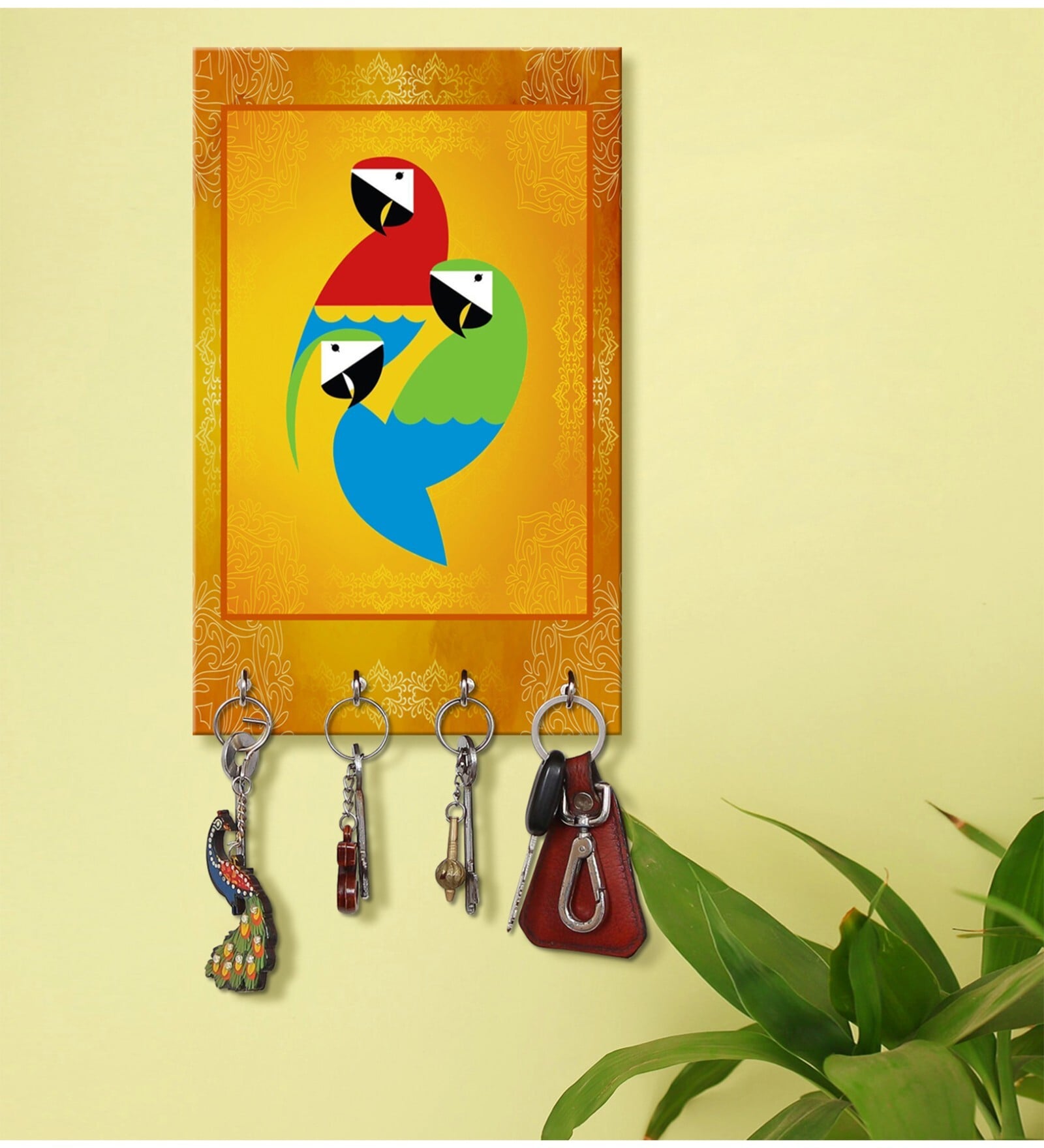 Three Parrot Multicolour MDF 4 Hooks Key Holder