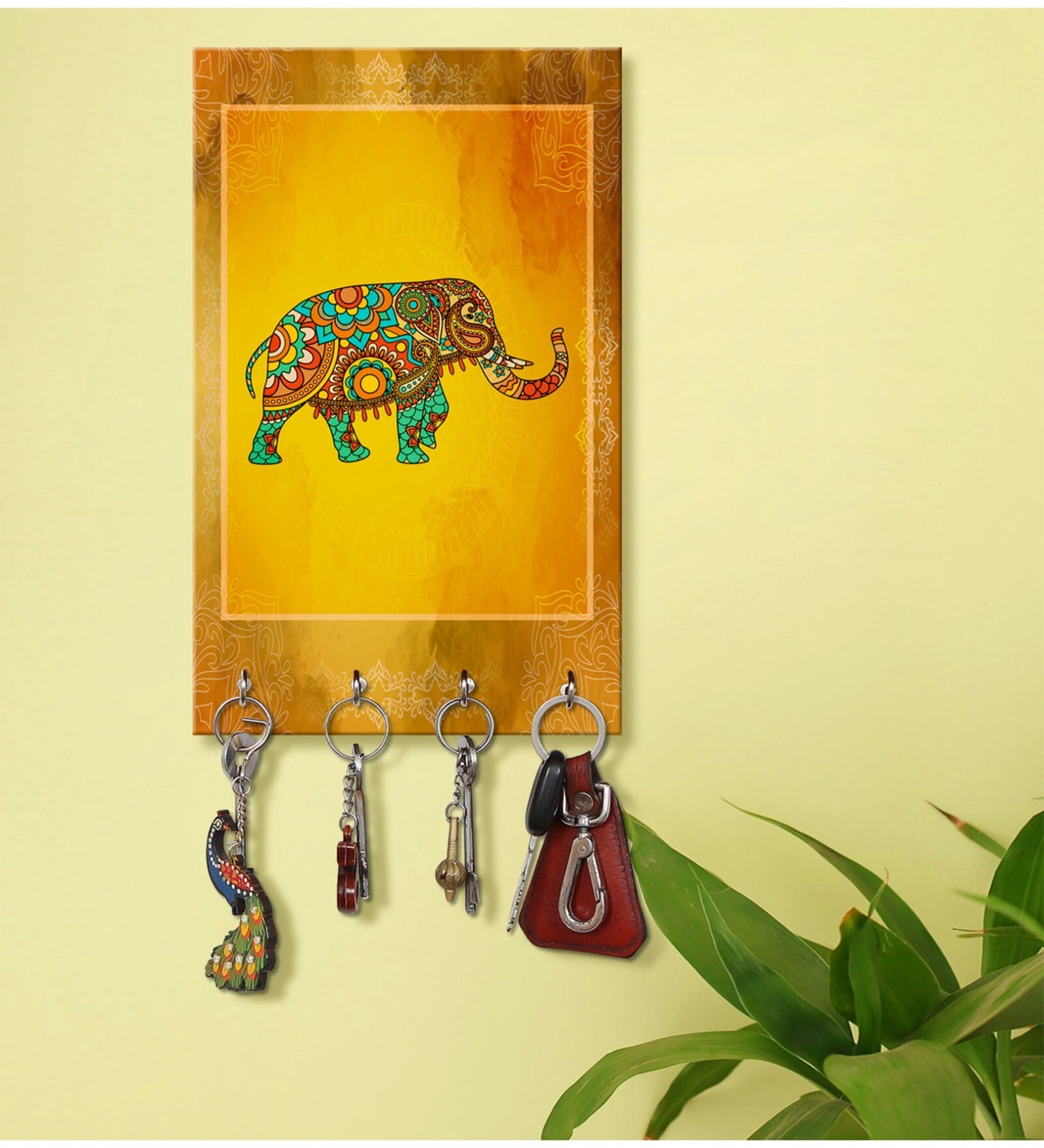Dercorative Elephant Multicolour MDF 4 Hooks Key Holder