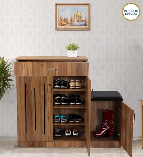 Unagi 15-Pairs Shoe Cabinet In Lyon Walnut Finish With Seating