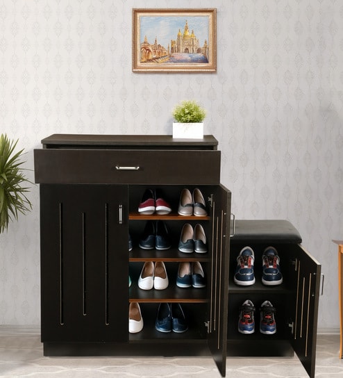 Unagi 15-Pairs Shoe Cabinet In Wenge Finish With Seating