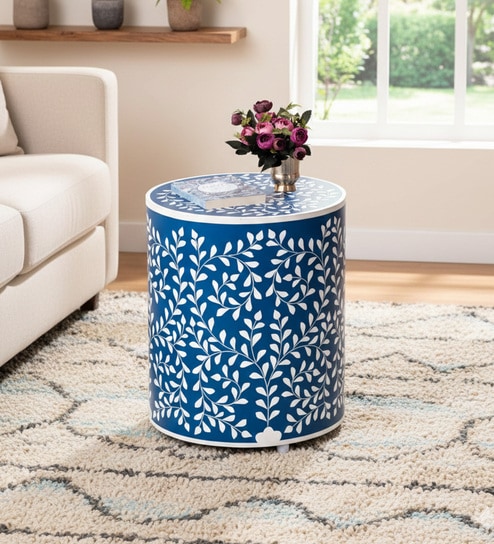 Unique Floral End Table In Bone Inlay Finish