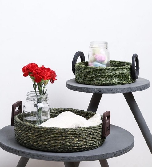 Unravel India Sabai & Bamboo Olive Round Utility Baskets- Set of 2