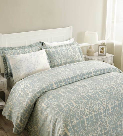 Buy Unravelled 85 Cotton And 15 Viscose Blue Double Bed Cover